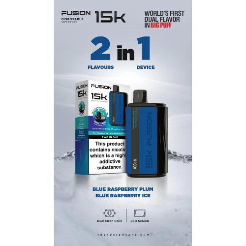 Fusion 15000 Puffs 2 In 1 Dual Flavour Disposable Vape Box of 10 - Eliquid Base - Blue Raspberry Plum / Blue Raspberry Ice