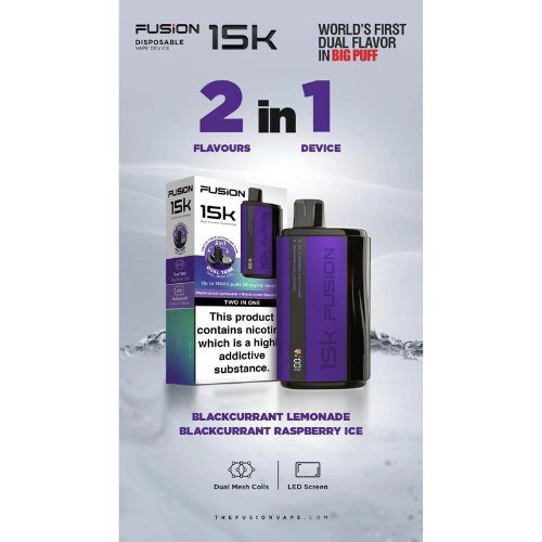 Fusion 15000 Puffs 2 In 1 Dual Flavour Disposable Vape Box of 10 - Eliquid Base - Blackcurrant Lemonade / Blackcurrant Raspberry Ice