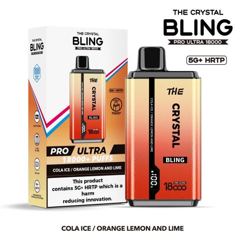 The Crystal Bling Pro Ultra 18000 Disposable Vape Box of 5 - Eliquid Base - Cola Ice / Orange Lemon and Lime