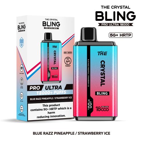 The Crystal Bling Pro Ultra 18000 Disposable Vape Box of 5 - Eliquid Base - Blue Razz Pineapple / Strawberry Ice