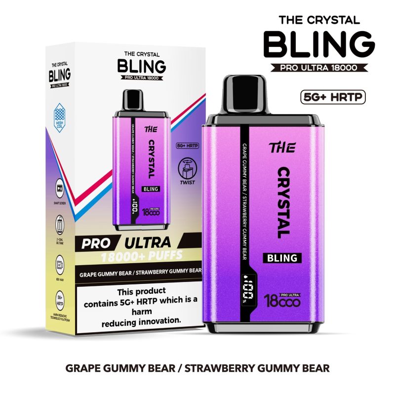 The Crystal Bling Pro Ultra 18000 Disposable Vape Box of 5 - Eliquid Base - Grape Gummy Bear / Strawberry Gummy Bear