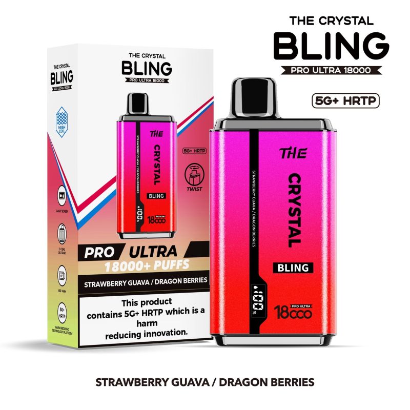 The Crystal Bling Pro Ultra 18000 Disposable Vape Box of 5 - Eliquid Base - Strawberry Guava / Dragon Berries