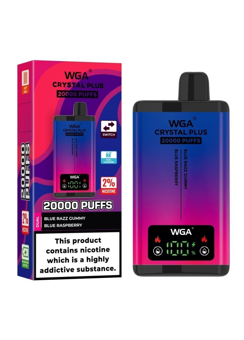 WGA Crystal Plus 20000 Disposable Vape Box of 10 - Eliquid Base - Blue Razz Gummy/Blue Raspberry