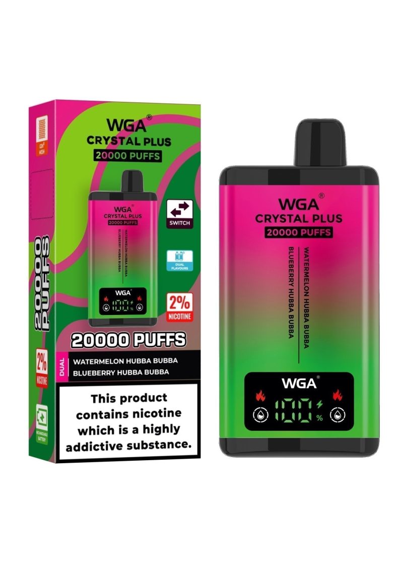 WGA Crystal Plus 20000 Disposable Vape Box of 10 - Eliquid Base - Watermelon Hubba Bubba/Blueberry Hubba Bubba