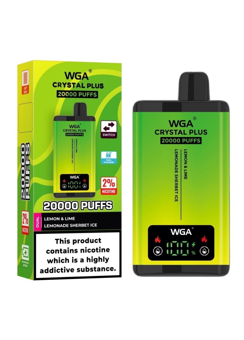 WGA Crystal Plus 20000 Disposable Vape Box of 10 - Eliquid Base - Lemon Lime/Lemonade Sherbet Ice