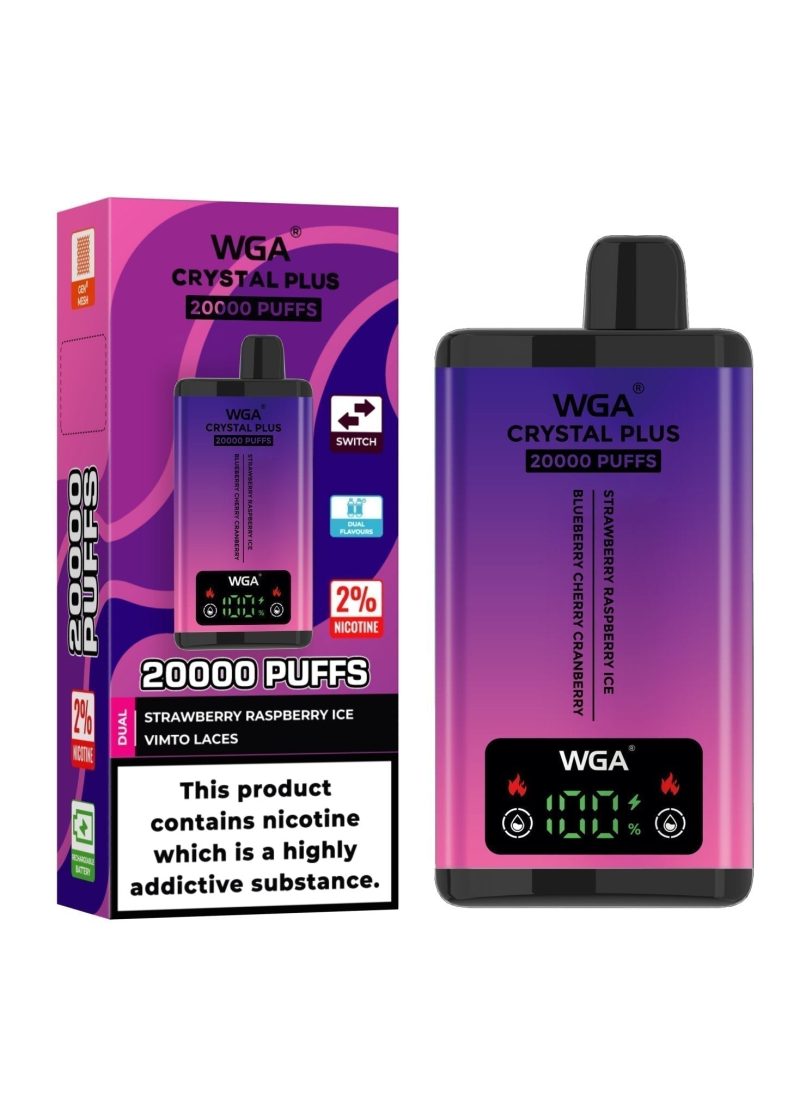 WGA Crystal Plus 20000 Disposable Vape Box of 10 - Eliquid Base - Strawberry Raspberry Ice/Blueberry Cherry Cranberry