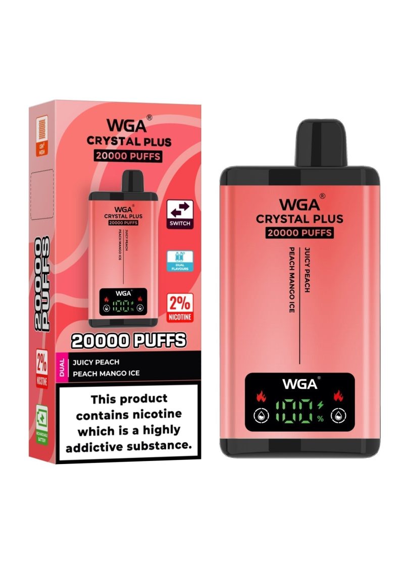 WGA Crystal Plus 20000 Disposable Vape Box of 10 - Eliquid Base - Juicy Peach/Peach Mango Ice