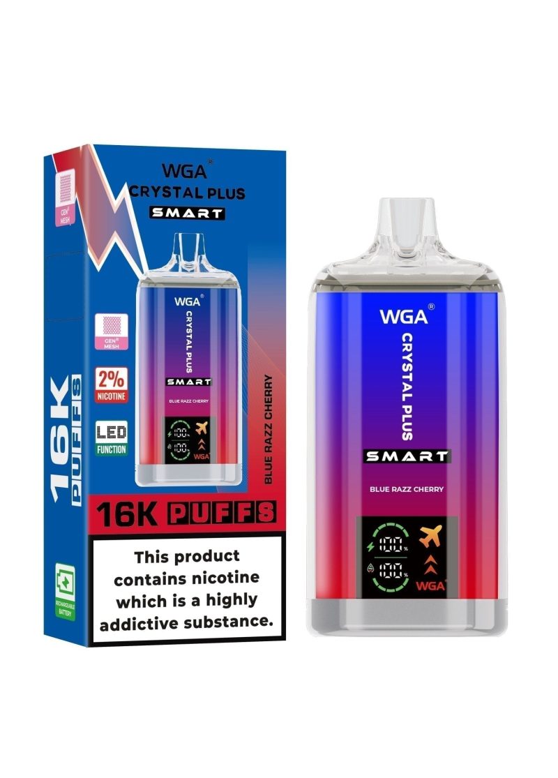 WGA Crystal Plus Smart 16000 Disposable Vape Box of 10 - Eliquid Base - Blue Razz Cherry