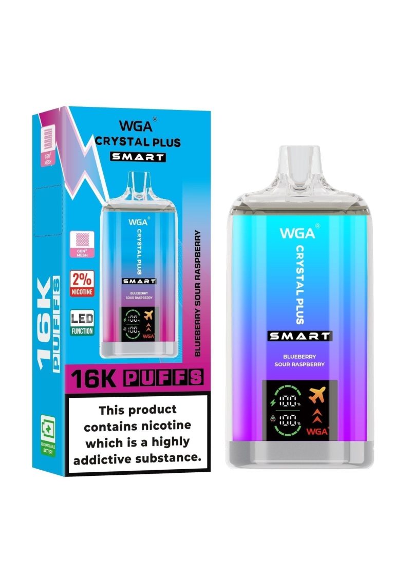 WGA Crystal Plus Smart 16000 Disposable Vape Box of 10 - Eliquid Base - Blueberry Sour Raspberry